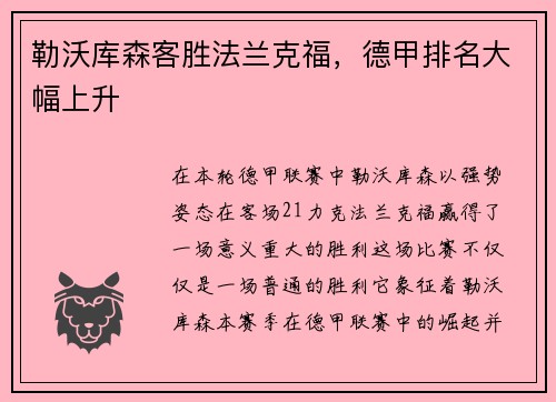 勒沃库森客胜法兰克福，德甲排名大幅上升