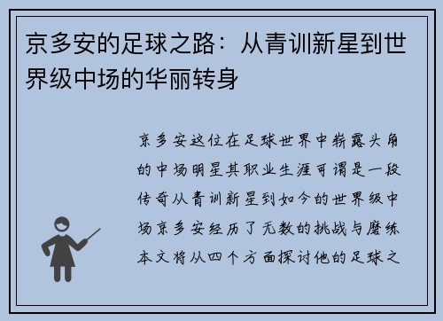 京多安的足球之路：从青训新星到世界级中场的华丽转身