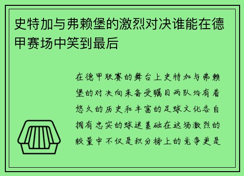 史特加与弗赖堡的激烈对决谁能在德甲赛场中笑到最后